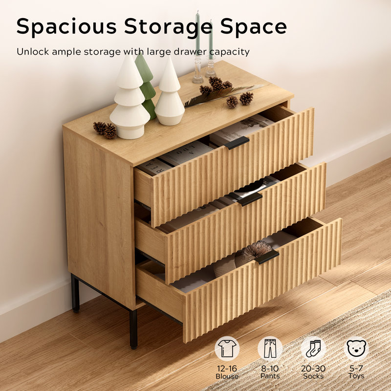 Fluted 3 Drawer Dresser With Metal Legs, Natural Oak