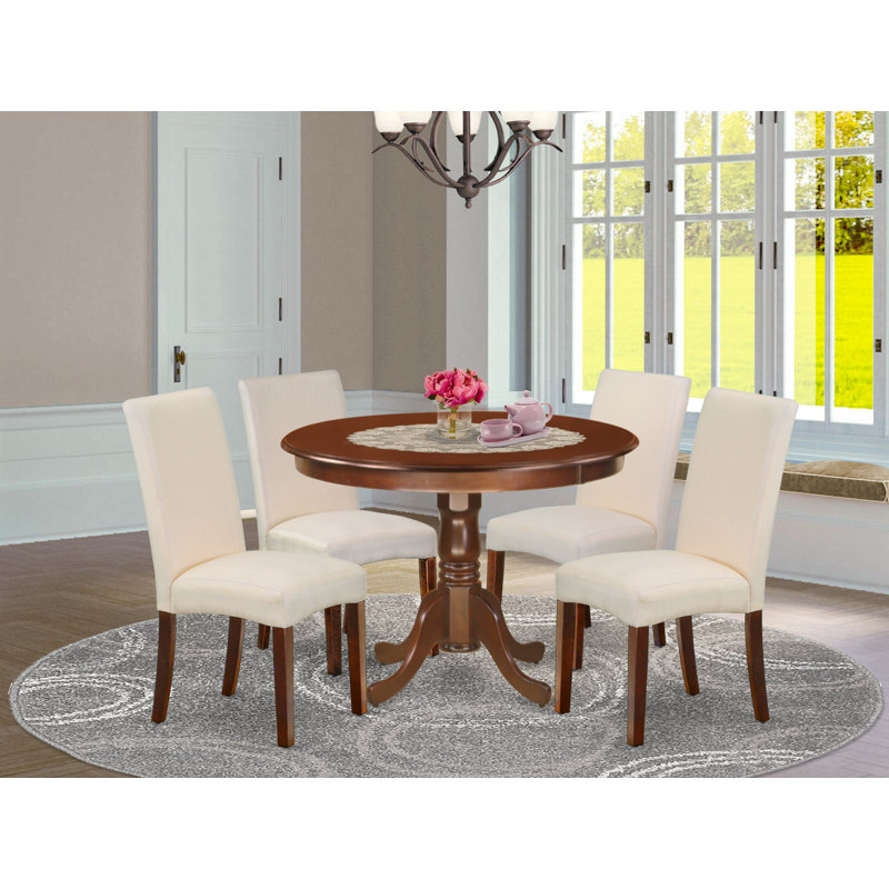 5 Piece Dining Set Includes a Round Dining Room Table with Pedestal and 4 Cream Linen Fabric Upholstered Parson Chairs, Mahogany