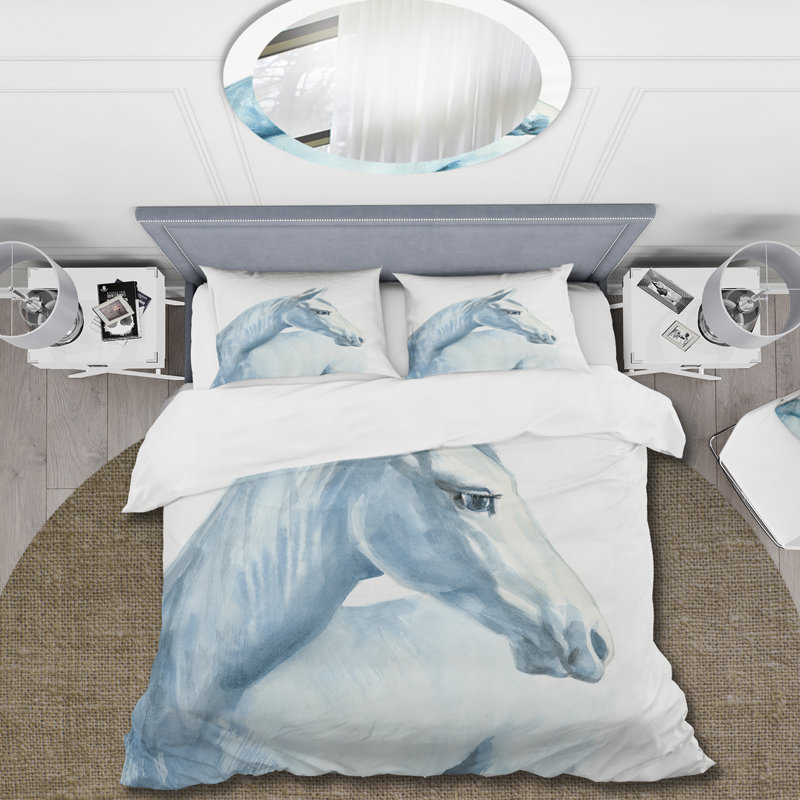 Portrait d'un cheval bleu clair - ensemble de housse de couette Farmhouse - microfibre de polyester