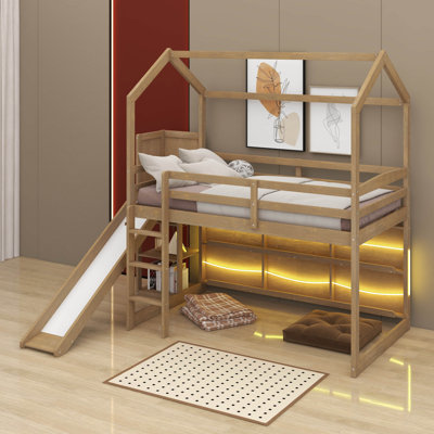 Twin Size Wood House Loft Bed With Shelves And Light