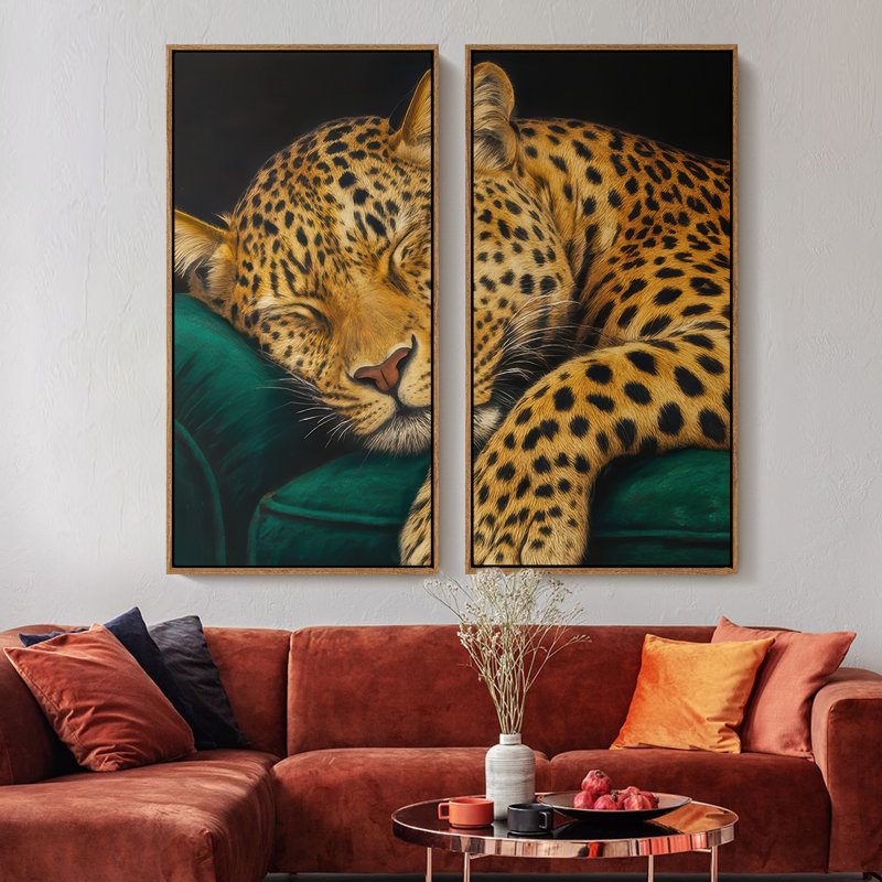 «Sleeping Leopard on Emerald Sofa Art», ensemble de 2 reproductions d'art encadrées sur toile 60 po x 30 po x 2 pièces