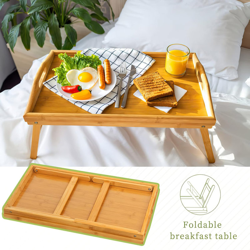 Simkins Bamboo Breakfast Tray 2 Pack Serving Bed Tray Table with Folding Legs Laptap Handles