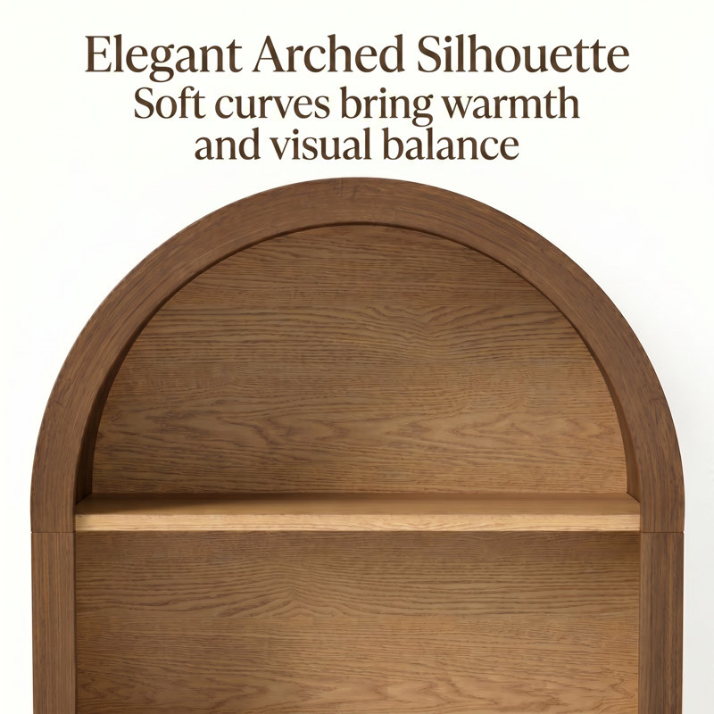 Armoire vitrée arquée moderne 24 po, tablette de rangement ouverte avec panneau arrière en grain de bois pour le salon, la salle à manger et le vestibule