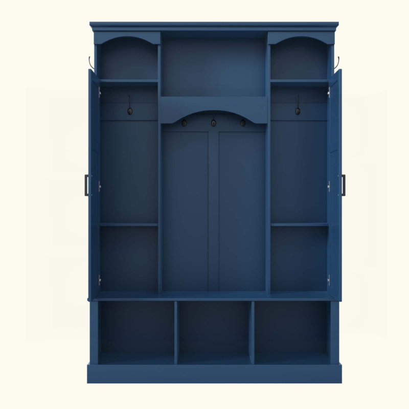 Modern All-In-One Hall Tree With Adjustable Shelves, Classic Arched Farmhouse Storage Bench With Dual Side Cabinets, Elegant Entryway Organizer With 7 Hooks For Mudroom, Hallway