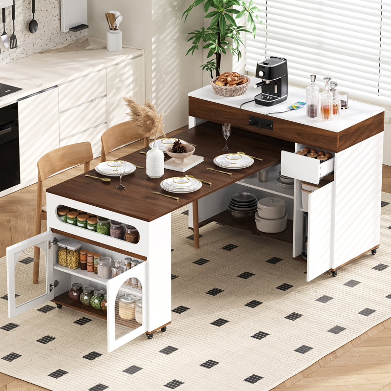 Table de salle à manger extensible avec plateau pliable extra-long, îlot de cuisine roulant avec tiroirs, prise de courant et verrou de frein, armoire de rangement pour la cuisine et la salle à manger (noyer + blanc crème)