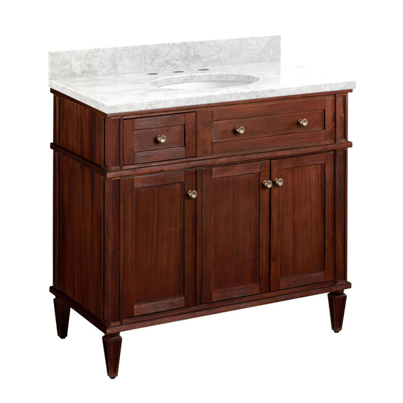 36" Elmdale Vanity with Undermount Sink, Antique Brown, Carrara Marble, Antique Brass