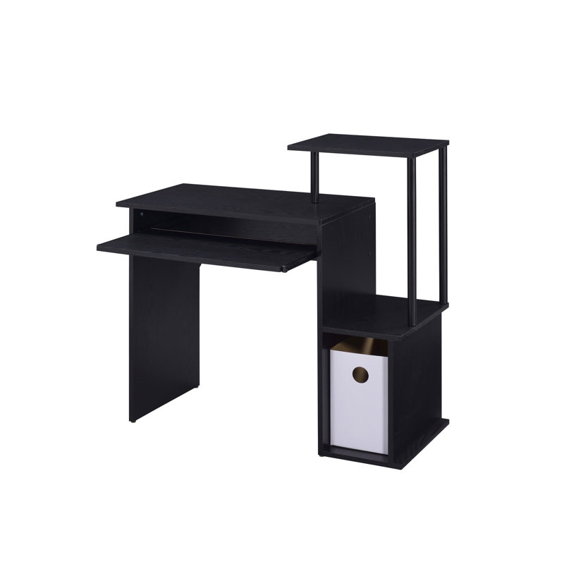 Bureau d'ordinateur noir avec tablette pour clavier, structure en métal et placage, forme rectangulaire, étagère et compartiment de rangement inclus, charge maximale de 32 kg sur la tablette, plateau en placage.