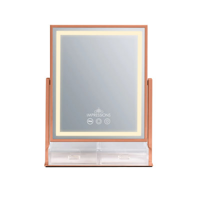 Impressions Vanity Glow And Store Tri Tone LED Makeup Mirror With 2 Acrylic Drawers Organizer Base, 360 Degree Tilt, 3 Colors LED Lights, Adjustable Brightness Soft Touch Sensor Button Vanity Mirror