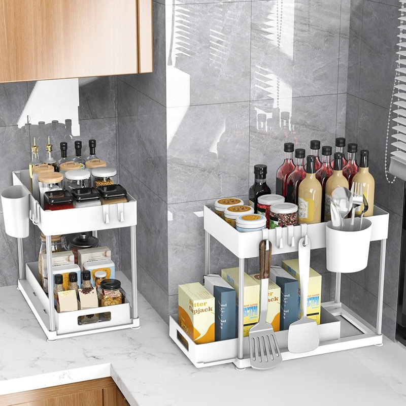 Rangement sous l'évier - Blanc perle, paquet de 2 - Tablettes coulissantes robustes à grande capacité avec tiroirs coulissants pour armoires de cuisine et de salle de bain