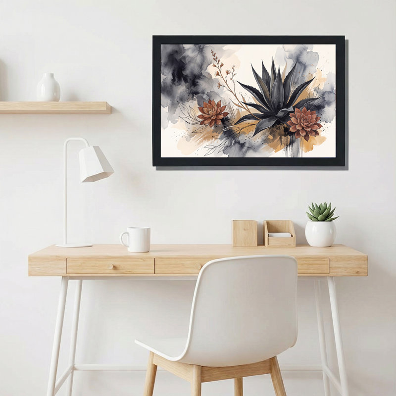 " Grey and Tan Watercolor Agave and Succulents " Painting, H 16 po x l 24 po