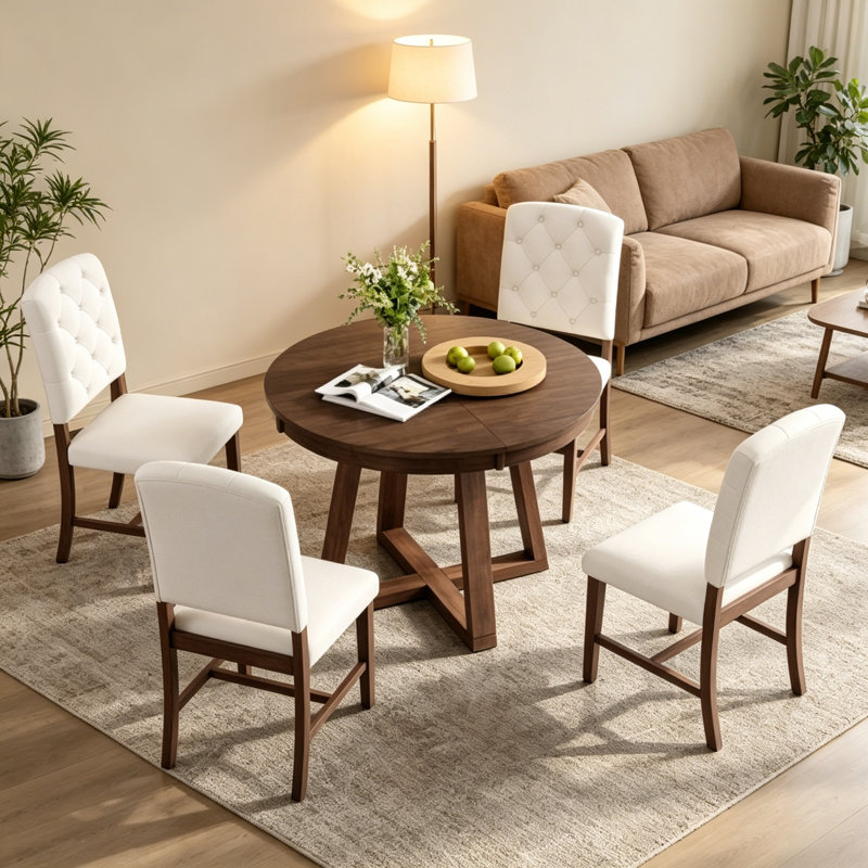Ensemble de salle à manger 5 pièces rond en bois massif convertible rond à ovale, table de salle à manger à piédestal croisé avec rallonge amovible et 4 chaises d'appoint rembourrées capitonnées en diamant pour la cuisine et la salle à manger