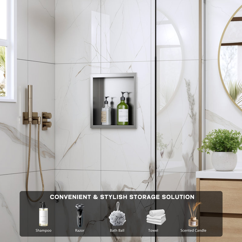 Niche de douche encastrée à un niveau avec tablette et l 12 po x H 14 po, niche en acier inoxydable imperméable nickel brossé - aucun carreau nécessaire