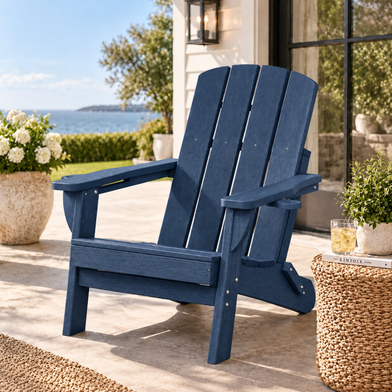 Chaise de foyer d'extérieur pliable en PEHD résistant aux intempéries avec 2 porte-gobelets Adirondack, Bleu marine