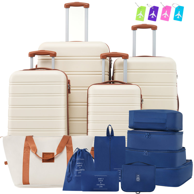 Valise Hardshell 4 pièces + valise à roulettes avec verrou TSA - 16 "+ 20" + 24 "+ 28" bagages, Brun / blanc
