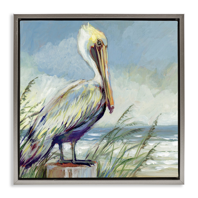 Cadre flottant Coastal Pelican Perch, design par Susan Winget, H 18 po x l 18 po, Cadre flottant gris lustré