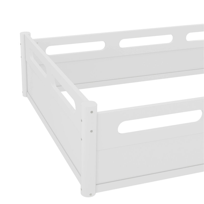 Lit plateforme au sol avec garde-corps pleine longueur, cadre de lit avec support en lattes de bois, Lit double, Blanc