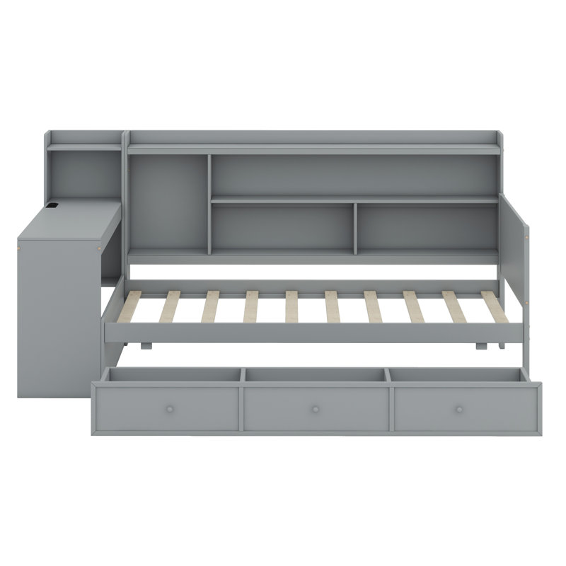 Lit de jour avec 3 tiroirs, ports USB et bureau, gris