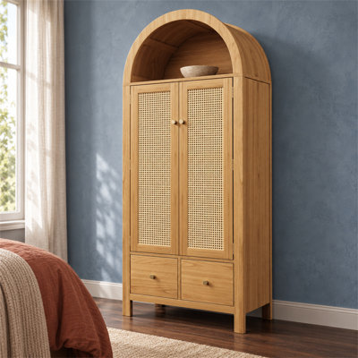 Oak Rattan Arched Wardrobe with 2 Magnetic Doors, Hanging Rail and 2 Drawers, 78 x 45 x 181cm