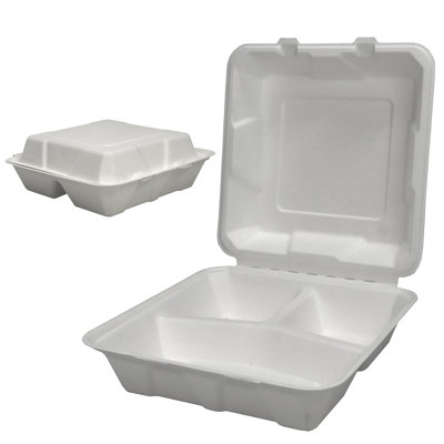 Simond Store - Contenant alimentaire 8 "X8" Clamshell - [Paquet de 200] Boîtes jetables compostables à 3 compartiments pour emporter - Boîtes écologiques à usage intensif - Boîtes à emporter biodégradables en fibre de canne à sucre