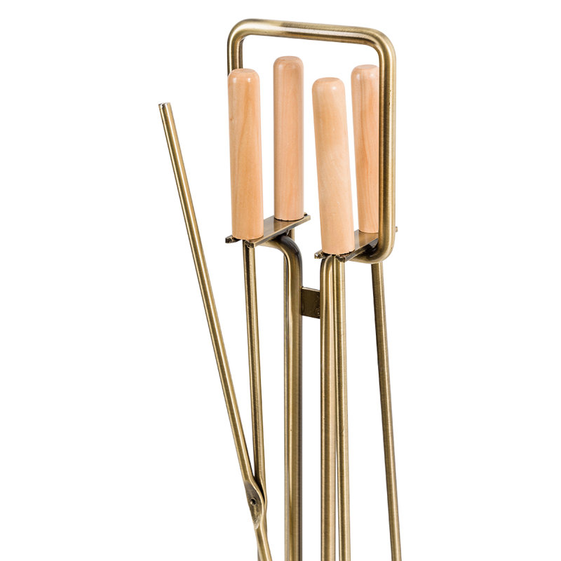 Modern Aged Brass and Maple 5-Piece Fireplace Tool Set