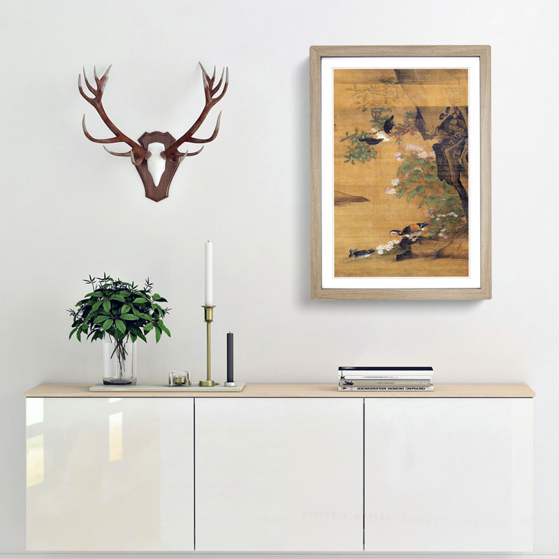 Mandarin Ducks & Cotton Rose Hibiscus by Lu Ji - Picture Frame Painting Print on MDF, 36cm H x 27cm W x 2cm D, Oak Framed