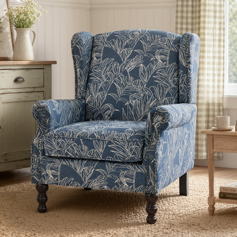 Fauteuil d'appoint à oreilles Chloris, fauteuil rembourré en lin avec garniture cloutée, pieds en bois massif tourné, fauteuil de lecture de style maison de campagne