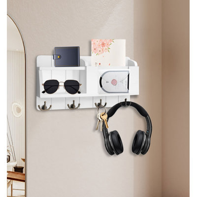 Mail And Key Wall Organizer With 4 Hooks,Solid Wood