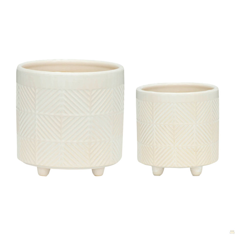 S/2 6/8" Textured Planters, Shiny White, White
