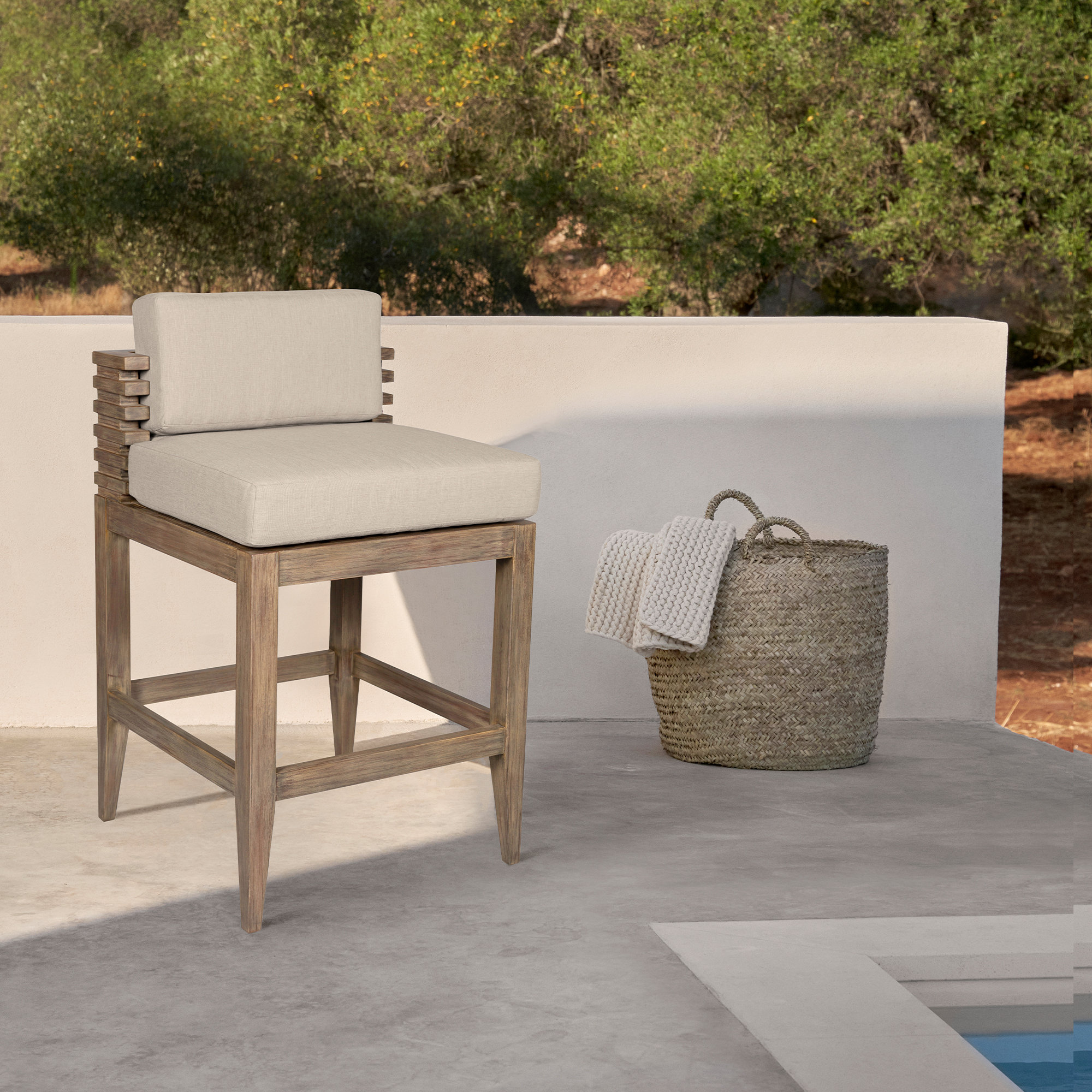 Aerilyn Wood Outdoor Bar Stool with Cushion, 30" H, Taupe Performance, Light Brown