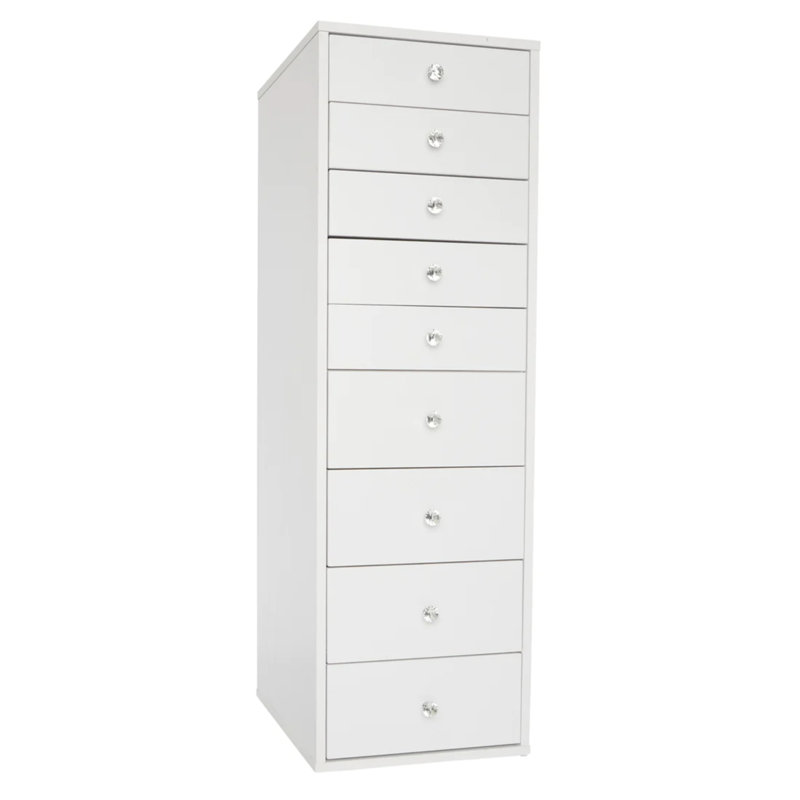 9 Drawer Makeup Vanity Storage Unit with Soft Close Dresser with Crystal Lux Drawer Knobs, White