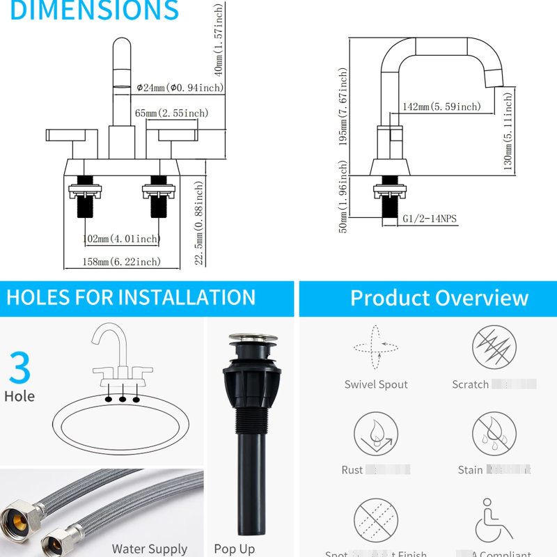 Bathroom Sink Faucet In Brushed Nickel - 4 Inch With 2 Handles And Pop Up Drain Assembly Double Handle Function For