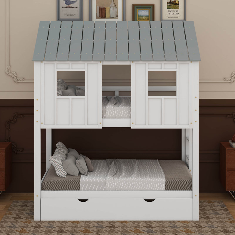 Twin Size House Bunk Bed With Trundle,Roof And Windows