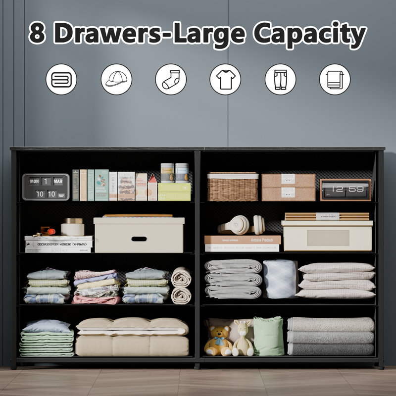 8-Drawer Fabric Dresser with Wood Top, Storage Chest, Black Oak