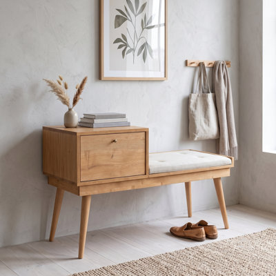 Callum 48'' Wide Mid-Century Modern Wood Entryway Storage Bench with Upholstered Seat