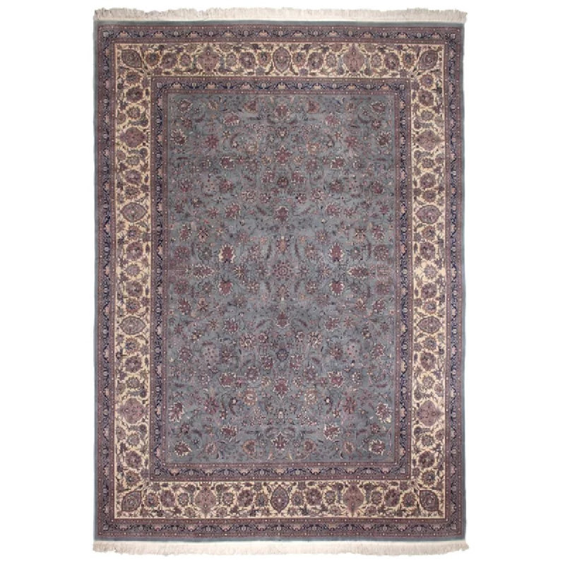 Hand-Knotted Blue and Ivory Wool Floral Area Rug