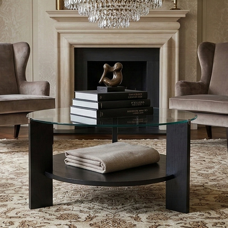 Table basse ronde Elara avec plateau en verre trempé et rangement Elara, Transparent, Bois noir