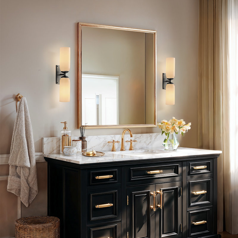 Glass Double Wall Sconce – Metal, Glass & Matte Black, Ivory White 2-Light Hardwired Dimmable Sconce for Bathroom, Living Room or Outdoor in Modern, Mid-Century, and Contemporary Style