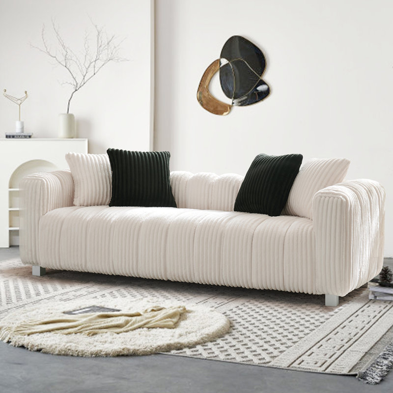 Élégant canapé deux places en velours côtelé, Blanc lait, H 24,41 po x l 80,12 po x P 31,89 po