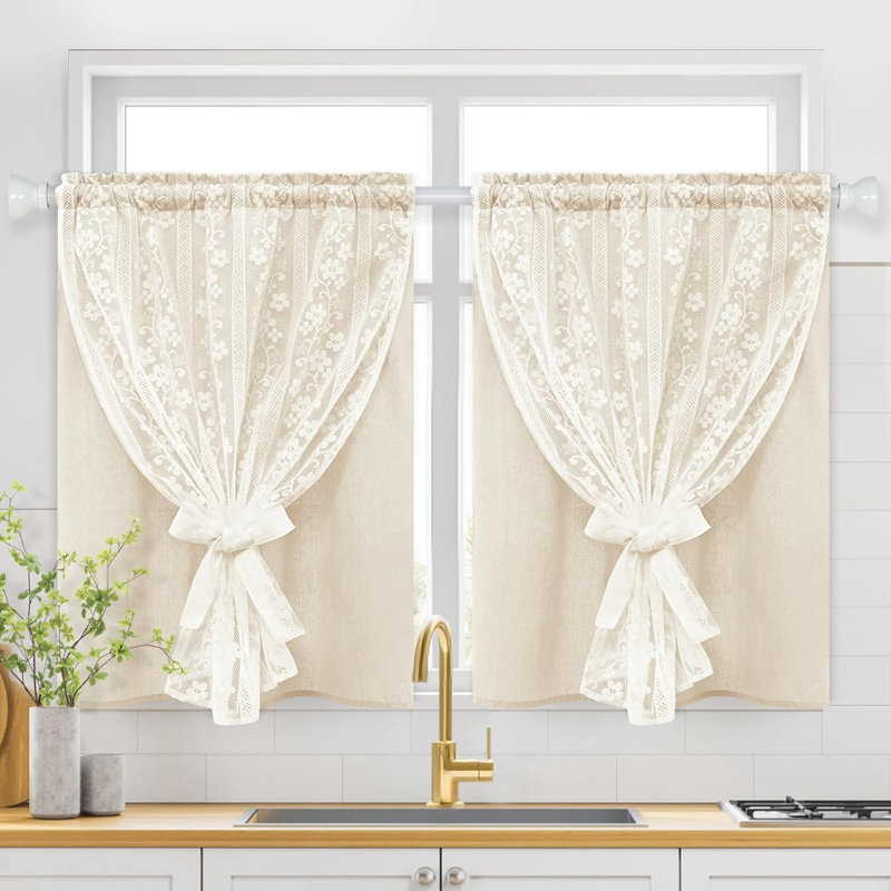 Linen Kitchen Curtains 36 Inch Length, Double Layered Window Curtain 2 Panel,Light Pink, Beige