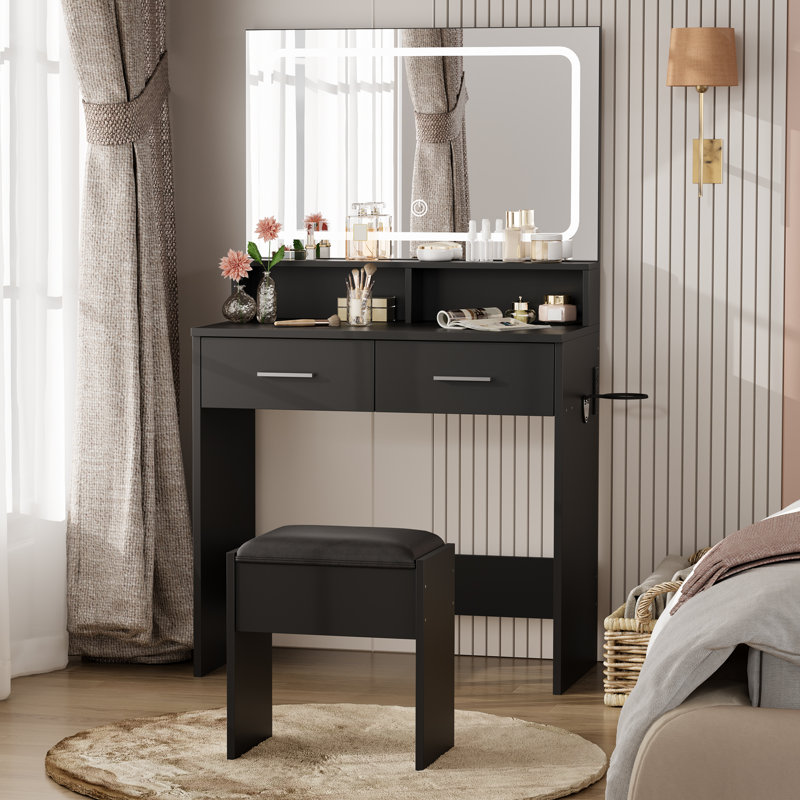 Ensemble de meuble-lavabo avec miroir à DEL réglable 3 couleurs et prise de courant, Noir