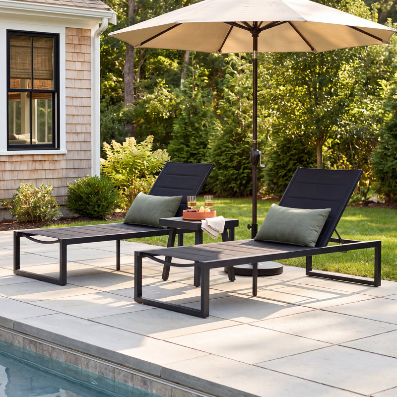 Armando Aluminum Outdoor Chaise and Table 3-Piece Set, Black