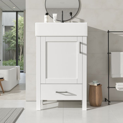 Meuble-lavabo moderne de 20 po avec lavabo en céramique, pieds en bois massif, porte et tiroir en verre givré à fermeture en douceur, bleu