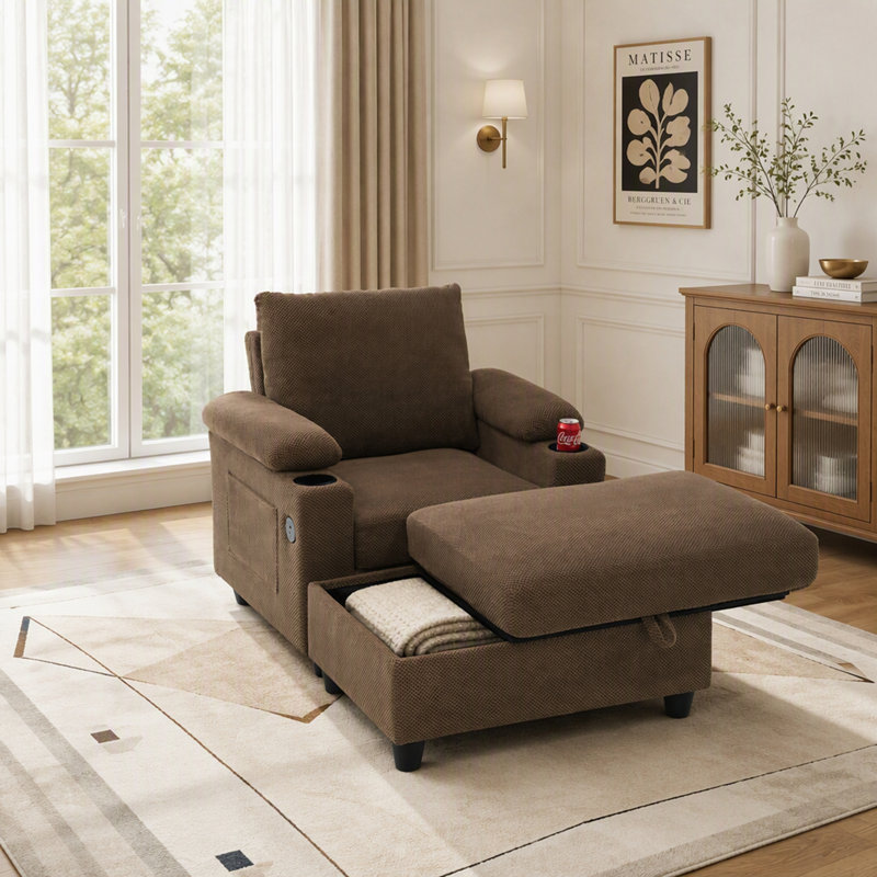 Ensemble de fauteuil d'appoint et repose-pieds avec rangement, méridienne convertible simple avec dossier inclinable, porte-gobelets et ports USB-C