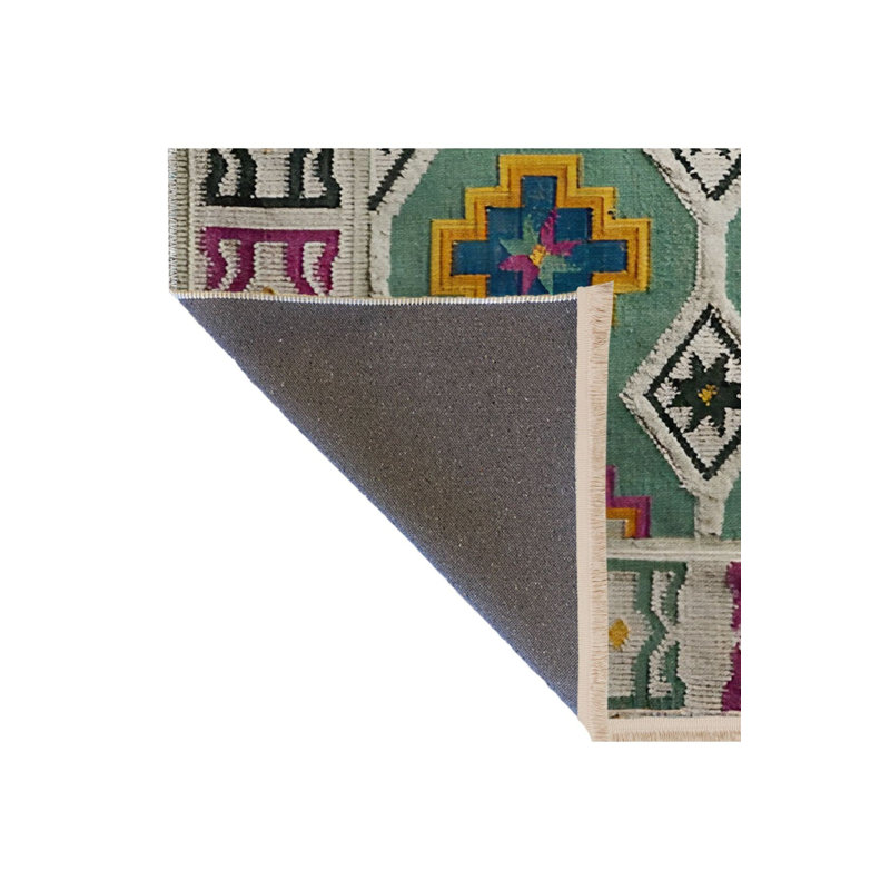 Tapis décoratif vert à motif géométrique multicolore, Sous-tapis rectangulaire de 3 pi 3 po x 4 pi 11 po