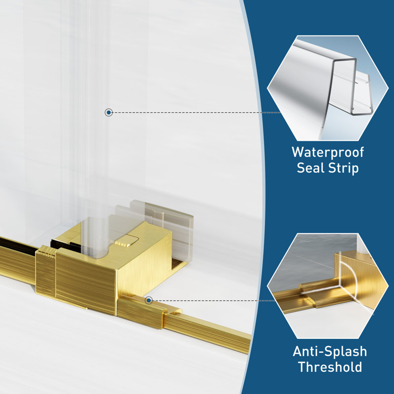 60"W X 60" H Double Sliding Semi-Frameless Tub Door With 1/4"(6mm) Clear Tempered Glass, Brushed Gold