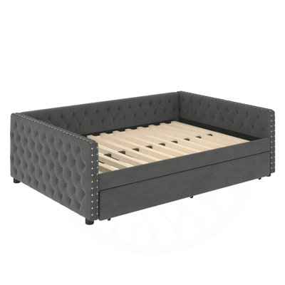 Modern Upholstered Sofa Bed With Twin Trundle - Tufted Button Design And Metal Nailhead Accents For Living Room, Guest Room, Or Studio by House of Hampton