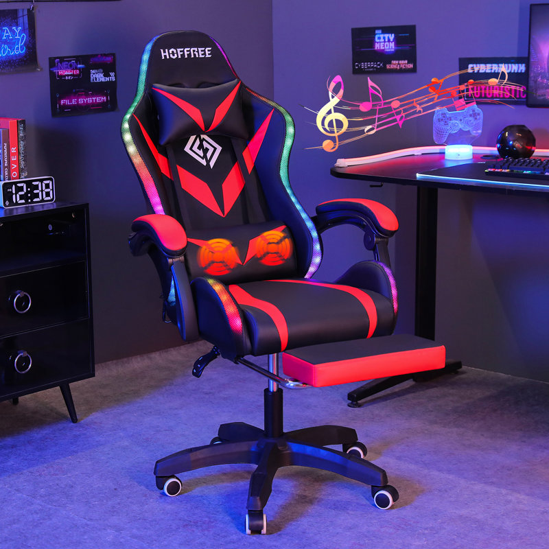 Red and Black Faux Leather Ergonomic Gaming Chair with Bluetooth Speakers and RGB LED Lights