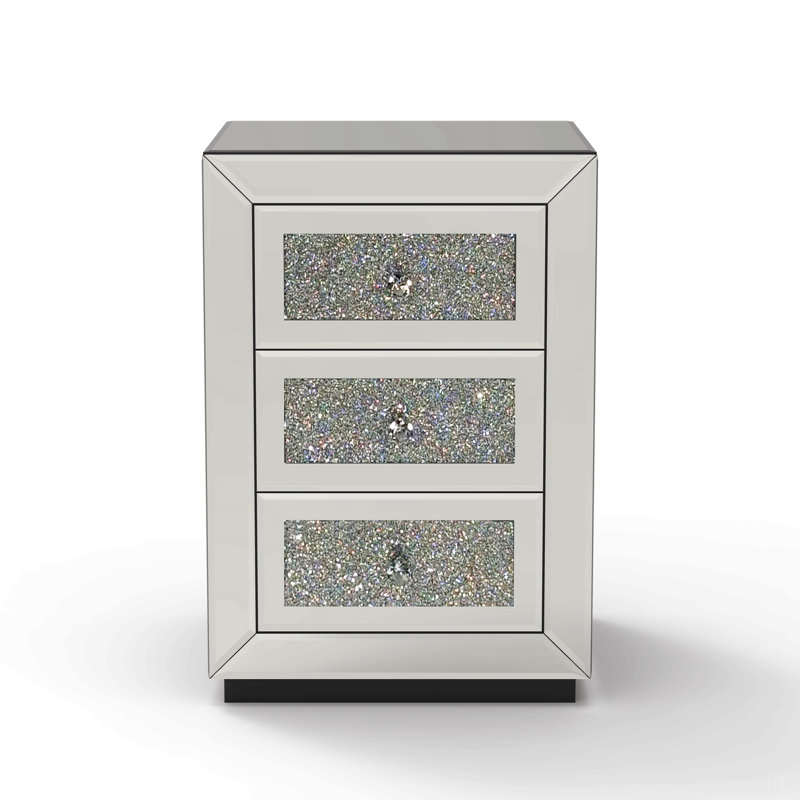 3-Drawer Mirrored Nightstand Bedside Table Glass Accent End Table, Silver