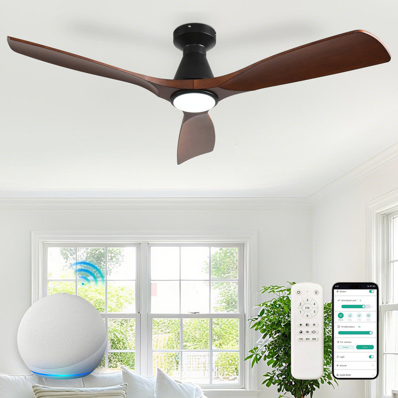 52 Inch Walnut Smart Flush Mount Ceiling Fan with Lights and Remote, 3 Blade Dimmable Indoor Outdoor Fan Work with Alexa Remote APP Ultra Quiet DC Motor Timer 6 Speeds