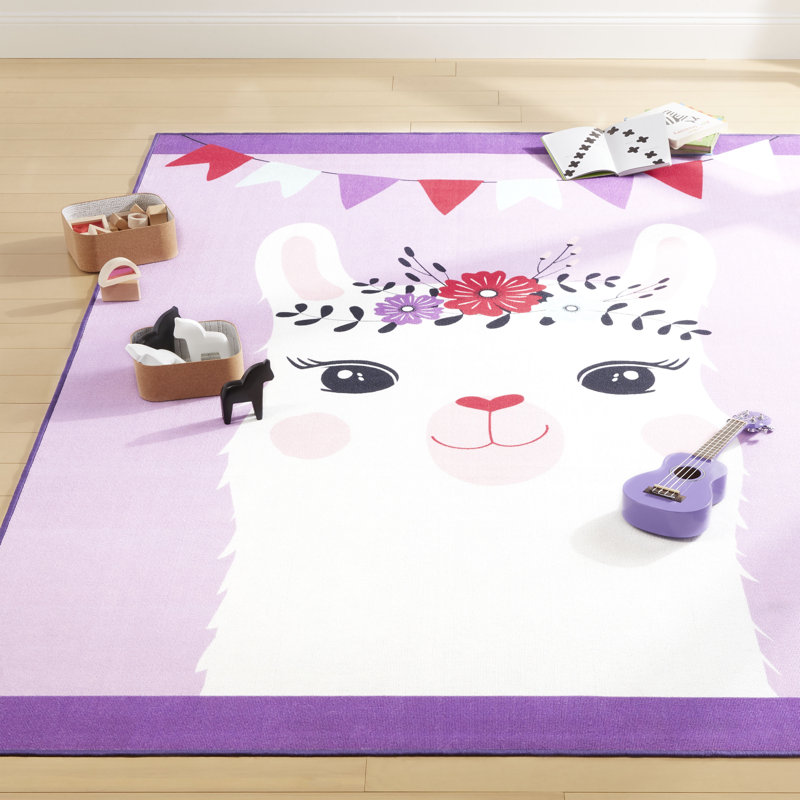 Eneas Llama Kid's Washable Area Rug 3'X5', Multi/Purple/White, Rectangle 3' x 5'